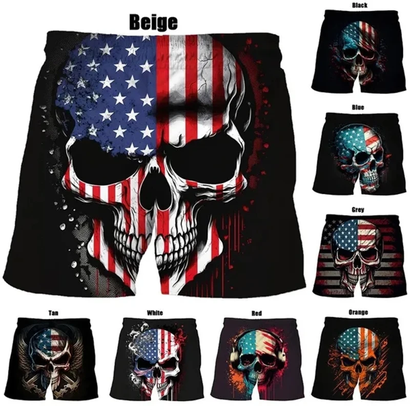 

American Flag 3D Printed Beach Short Pants Breathable Mens Shorts Swimming Trunks Ropa Hombres Skull Pattern Ice Gym Shorts Male