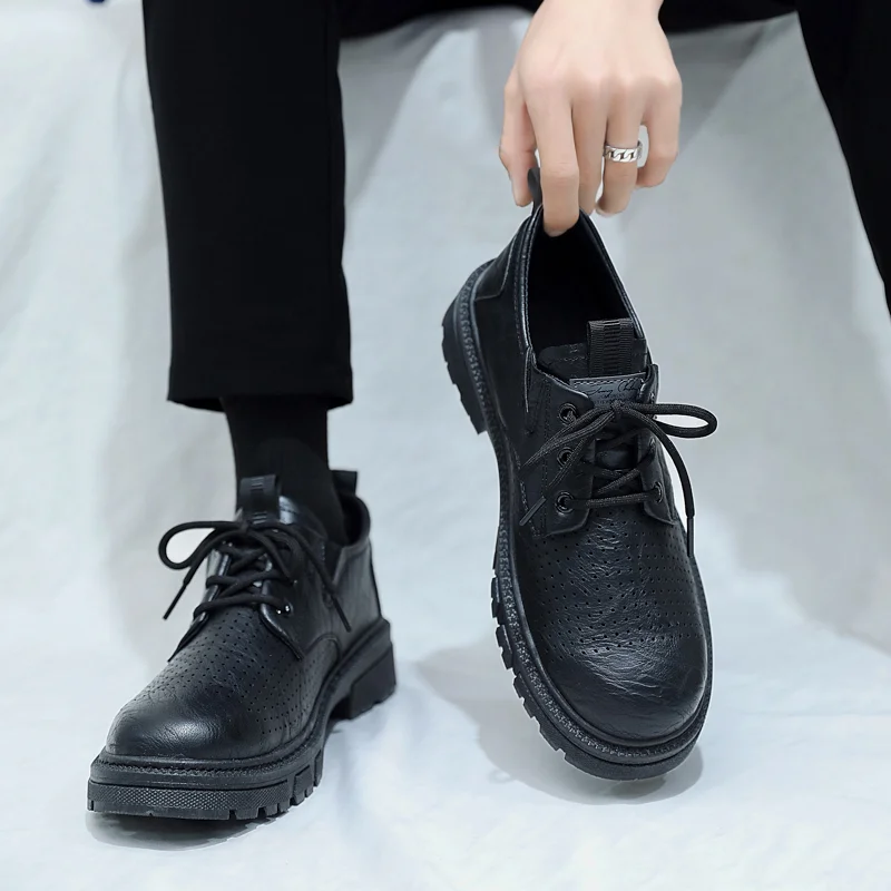 

2023 Spring New Black Leisure Work All-match Leather Shoes Breathable Leather Upper Low Top Lace-up Leather Shoes Men's Shoes