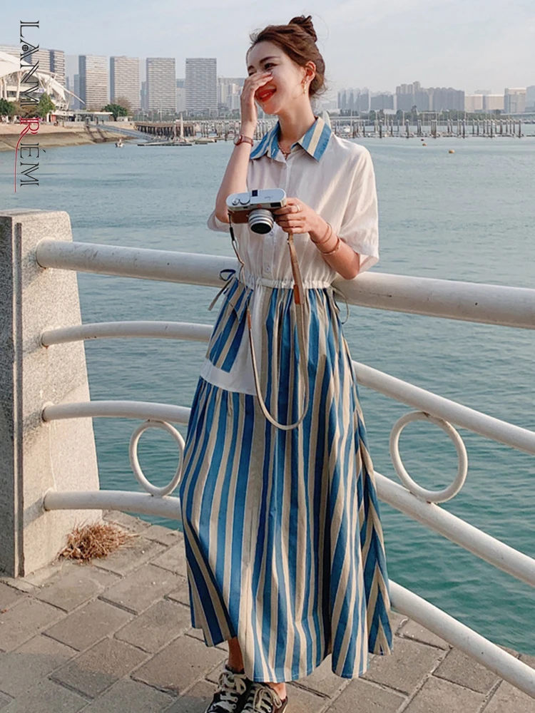 

LANMREM Women Striped Contrasting Color Midi Dress Short Sleeve Lapel A-line Slim Fit 2022 Summer Female Fashion Clothing 2I684