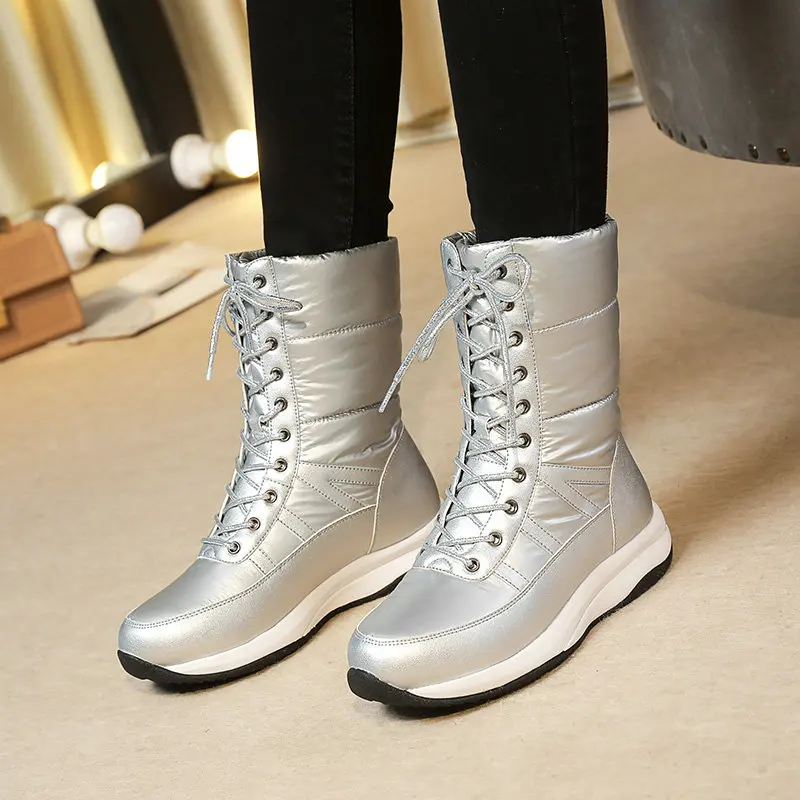 

2022 Lace-Up Warm Plush Snow Boots Women Mid-Calf Boots Winter Outdoor Casual Platforms Flats Shoes Woman Brand New Arrival
