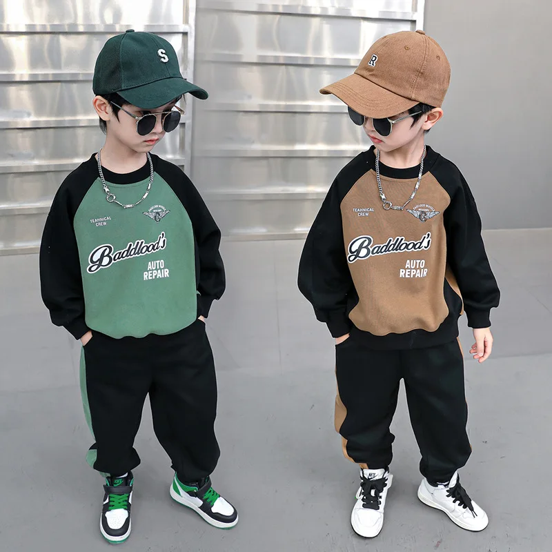 

Бесплатная доставка, весенне-осенние повседневные модные детские свитшоты в стиле пэчворк + спортивные брюки для мальчиков-подростков, 2 шт.