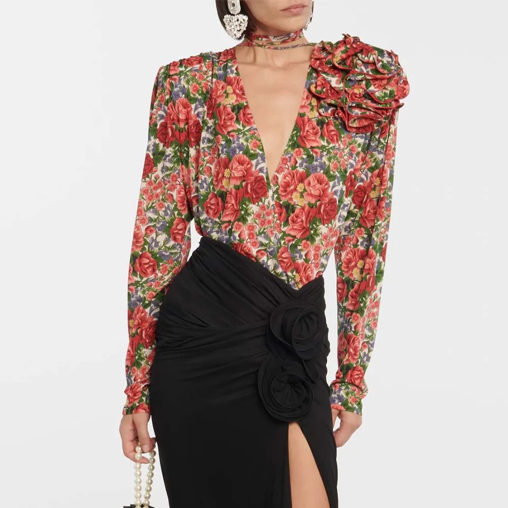 Женская рубашка с V-образным вырезом длинным рукавом и стереоскопическим