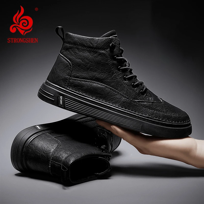 

STRONGSHEN Men Leather Boots Winter Cotton Shoes High-top Fashion Casual Shoes Trend Ankle Boots Tooling Shoes Footwear Tenis