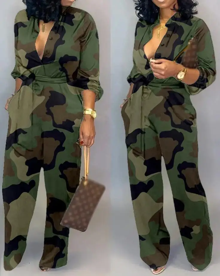 2022 Camo Print Button Pocket Design Long Sleeve Chic Everyday Belted Jumpsuit Women's Casual Summer Jumpsuit