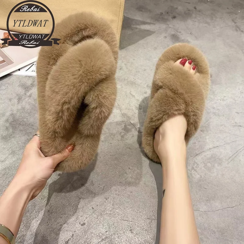 

Autumn Winter Women Home Cotton Slippers Girls New Furry Warm Faux Fur Fashion Cozy Shoes Female Thick Soled Open Toed Flats