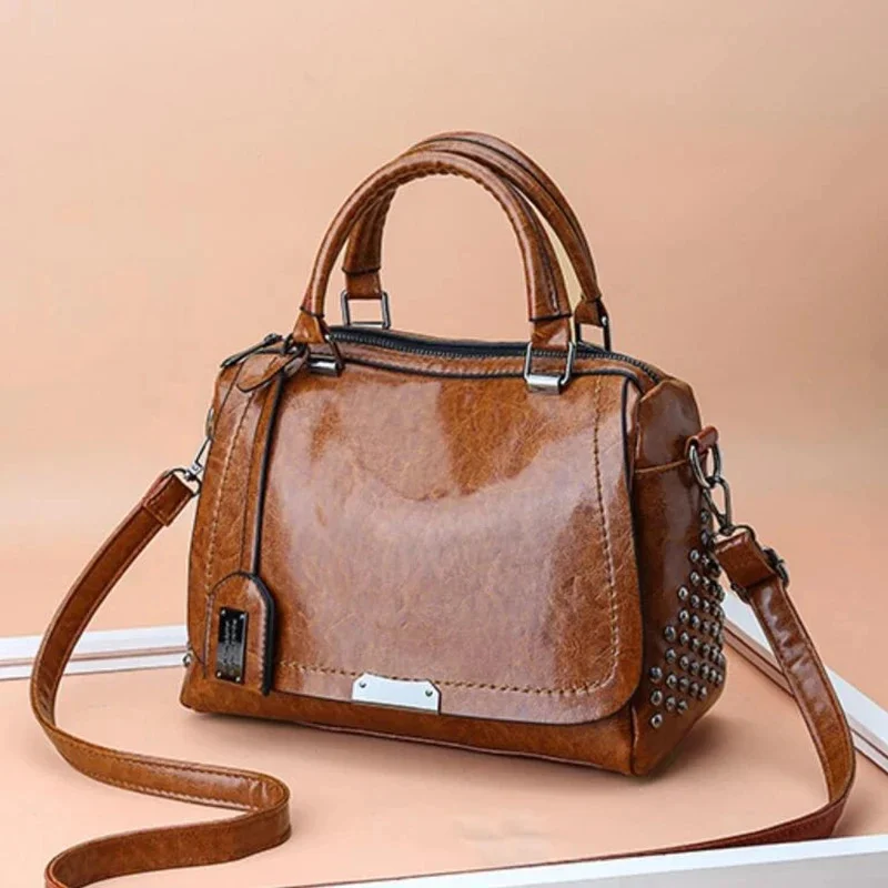 

Vintage Boston PU Leather Luxury Handbags Purse Women Shoulder Crossbody Bags Rivet Designer Female Pillow Tote Bolsos Mujer