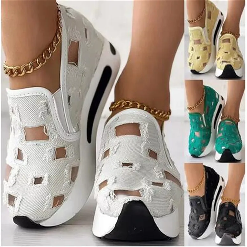 

Women's Sneakers Floral Embroidery Mesh Sneakers for Women Slip on Casual Comfy Heeled Shoes Woman
