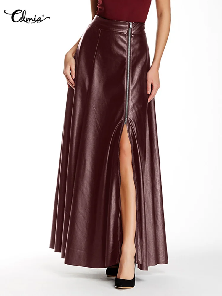 

Celmia Streetwear Zipper Maxi Skirt High Waist Fashion Slit Hem Office Party Skirts A-line Women PU Faux Leather Long Skirts