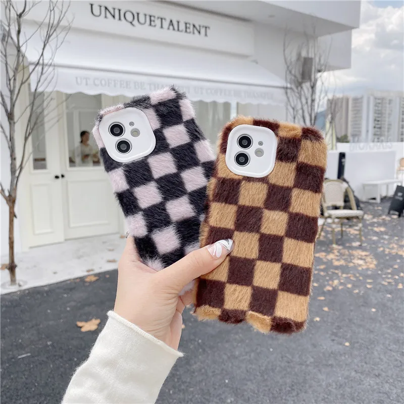 

Plaid Cloth Camera Lens Protect Phone Case For iphone 14 Case Plush Fur Soft Cases for iPhone 11 12 13 Pro Max XR XS X 7 8 SE 3