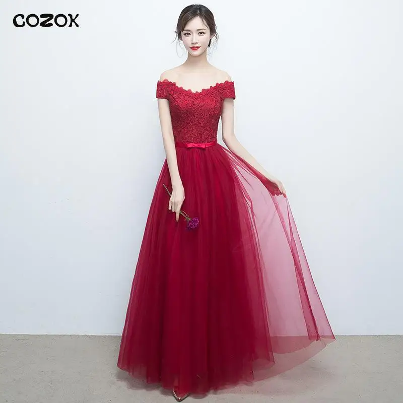 

COZOK Lace-Mesh Patchwork Wedding Party Dress Gown Slash Neck Sexy Cheongsam Women Pleated Maxi Qipao 2022 New Burgundy Vestidos