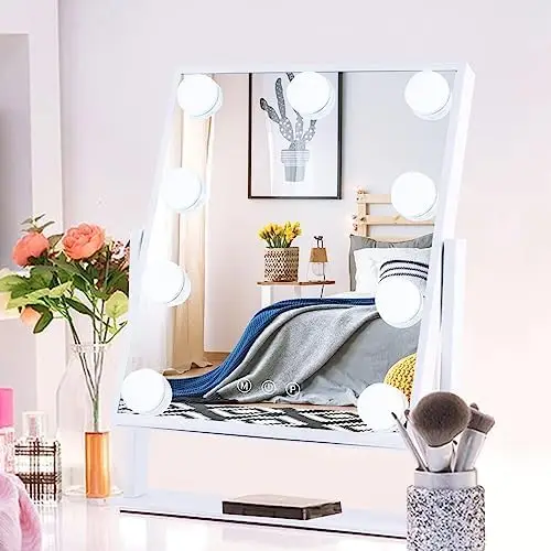 

Makeup Mirror, Vanity Mirror with Lights, Vanity Mirror with 9 Dimmable Bulbs Lights, 3 Lighting Modes, Detachable 10X Magnific
