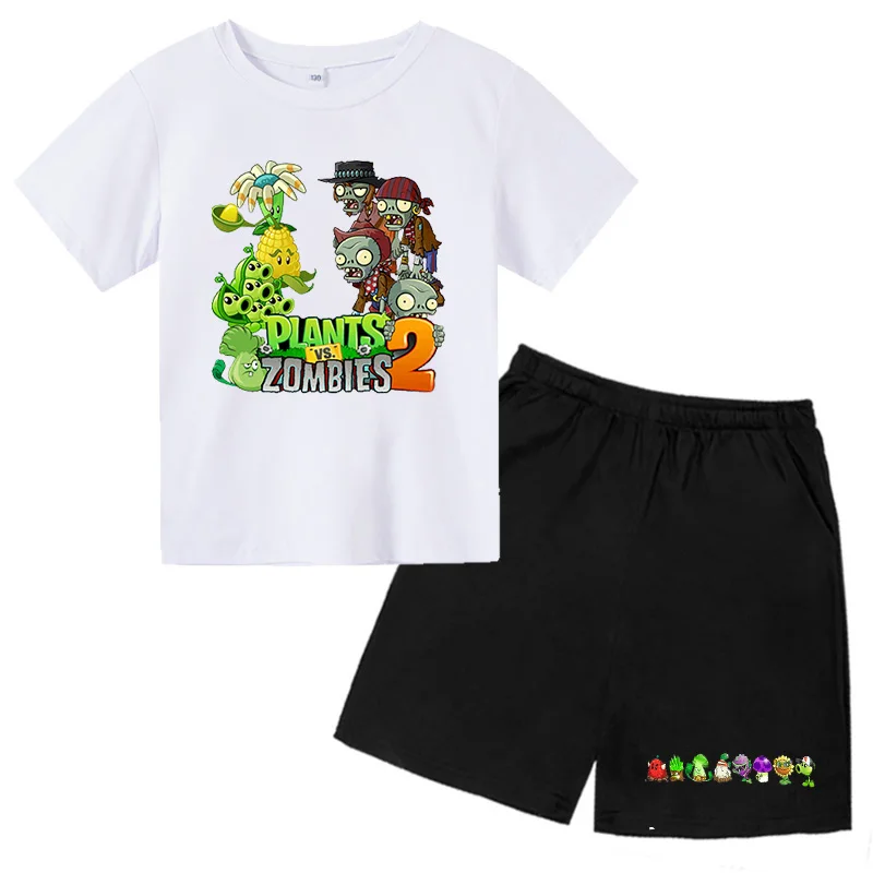 

2022 Summer Plant VS Demon Suit Boys and Girls Zombie T-Shirt + Pants Cartoon Two-piece Suit 4-14 Years Old Children's Clothes