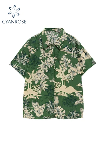 Women's Blouses Harajuku Vintage Print Shirts Elegant 2022 Summer Fashion Casual BF Style Chic Y2K Loose Short Sleeve Korean Top
