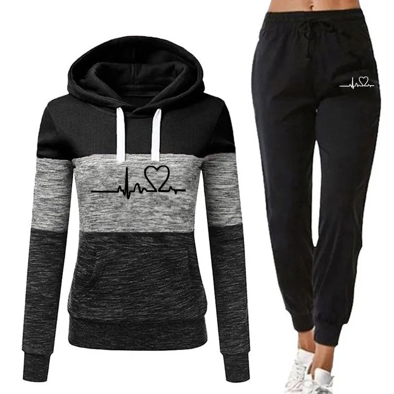 Women's Sports Suit Pullover Hoodie And Black Pants Autumn And Winter Suit Women's Solid Color Casual Pants Suit