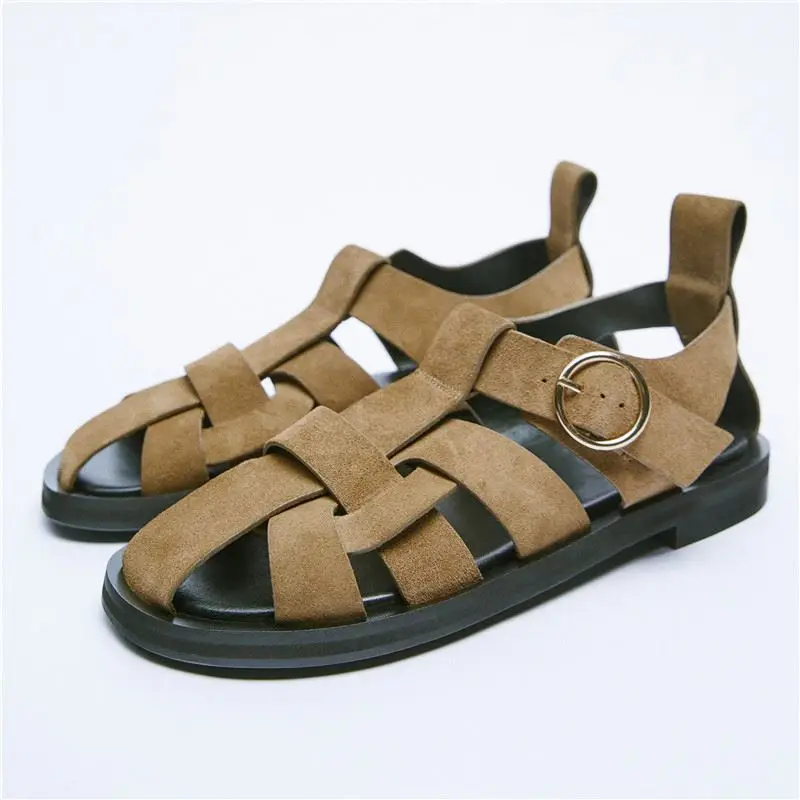 

ENMAYER Plus Size 34-42 ZA New Genuine Leather Sandals Women Shoes Hollow Summer Flat Sandals Buckle Ladies Shoes Black