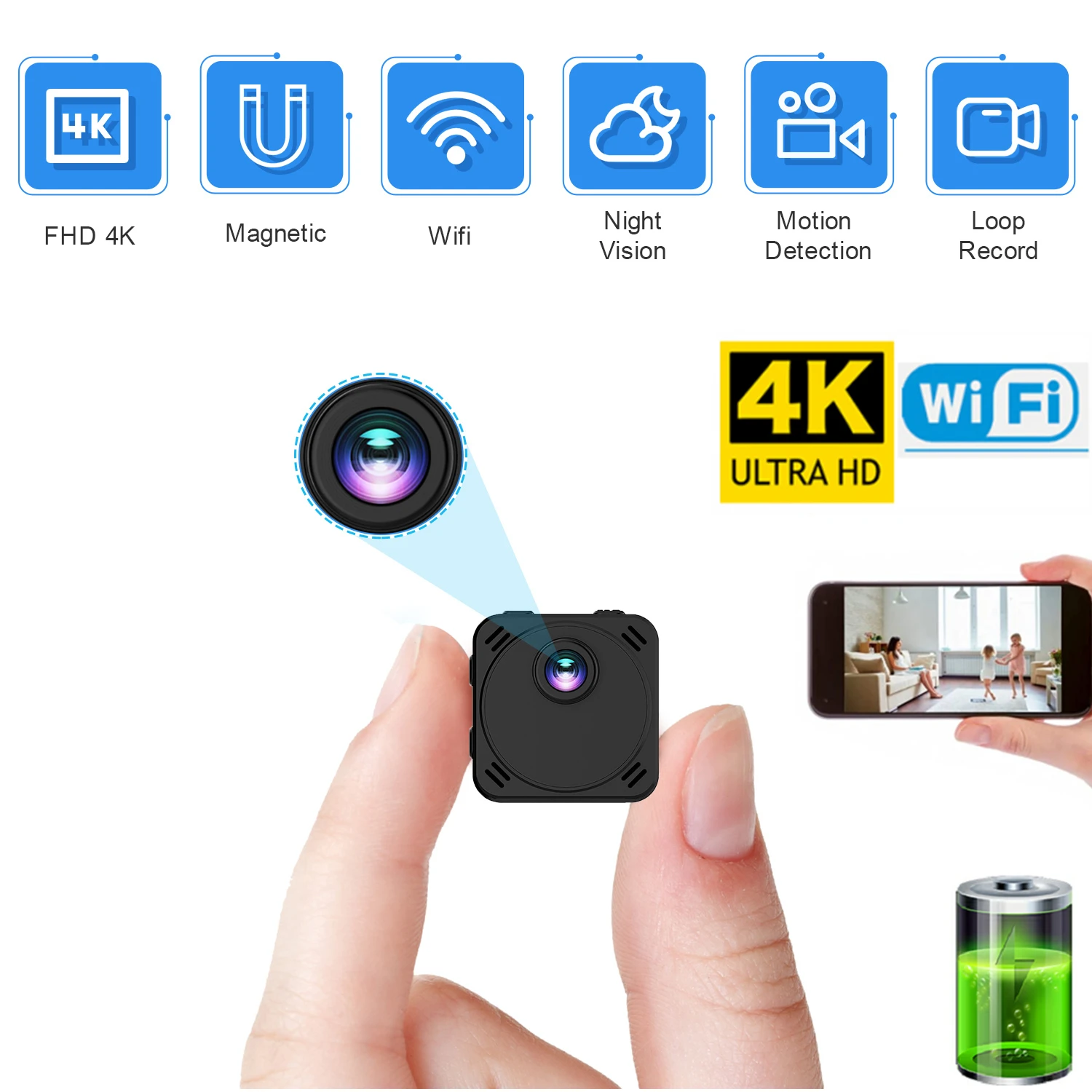 

UHD 4K Mini WiFi Camera IR Night Vision Motion Detection Battery Cam Wireless Invisible Security Camcorder Home Remote Monitor