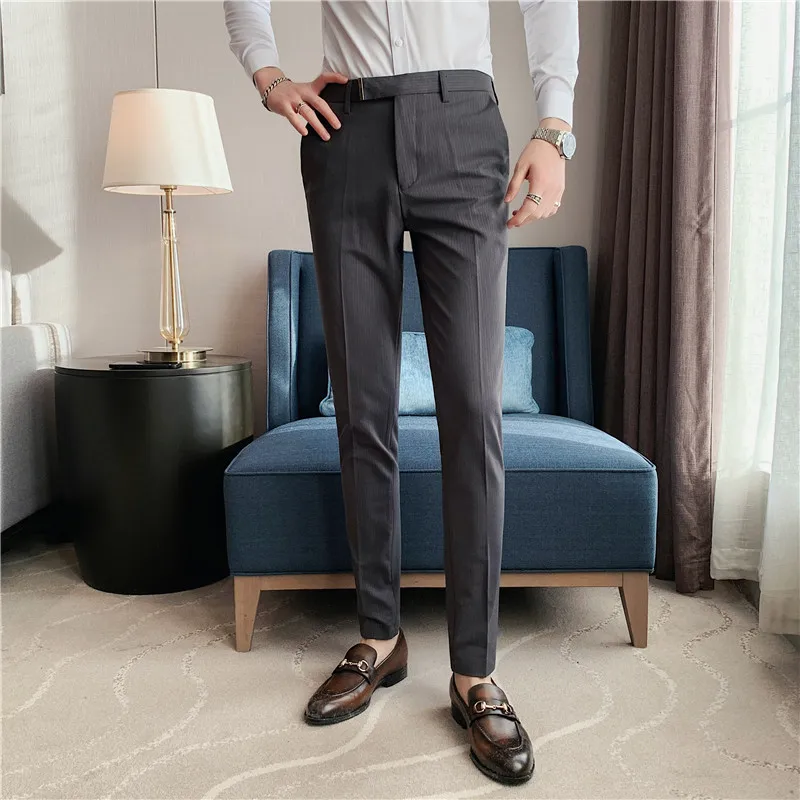2022 Autumn Casual Business Men Stripe Pants Fashion Slim Fit Long Trouser For Men's Mid Waist  Design Pants Spring Streetwear