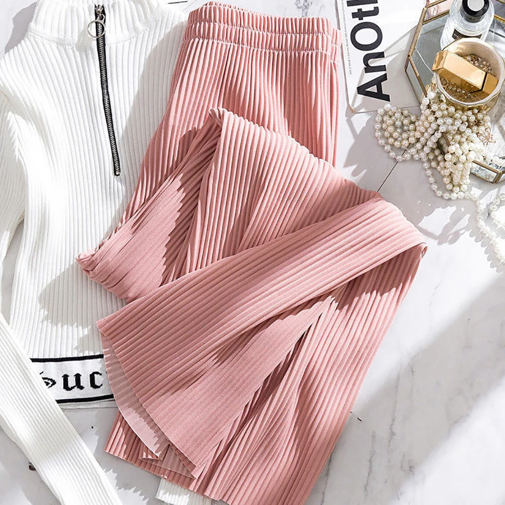 

Summer Wide Leg Pants For Women Casual Elastic High Waist New Fashion Loose Long Pants Pleated Pant Femme Solid Yoga Trousers