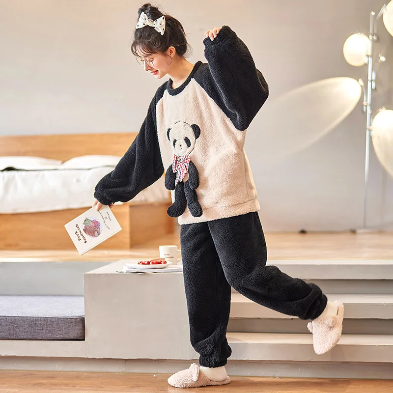 Women Sleepwear Winter Pajamas Coral Fleece Loose Version Pajama Set Inspissate Flannel Pullover Plus Size Cartoon Plush