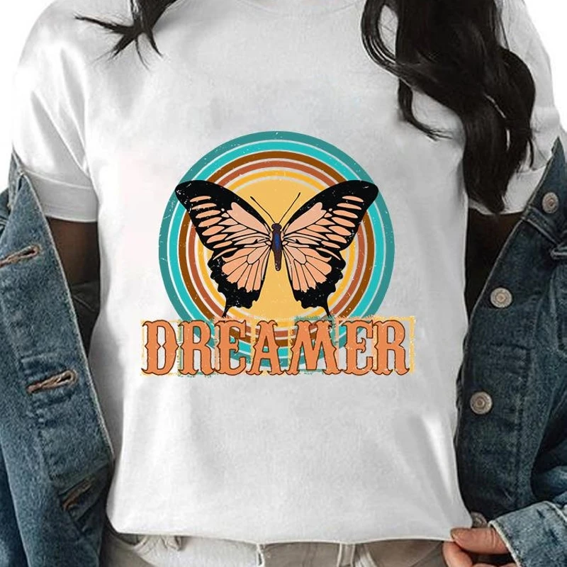 

Butterfly Girls White Tops Female Blouse Flower Print T-Shirt Summer Round Neck Short Sleeve T Shirt Women's T Shirt Y2k Clothes