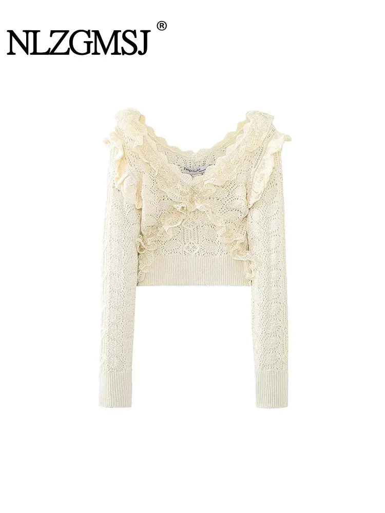 

Nlzgmsj TRAF 2023 новый осенний Женский пуловер с длинным рукавом, повседневные облегающие топы, женский свитер с V-образным вырезом и каскадными оборками