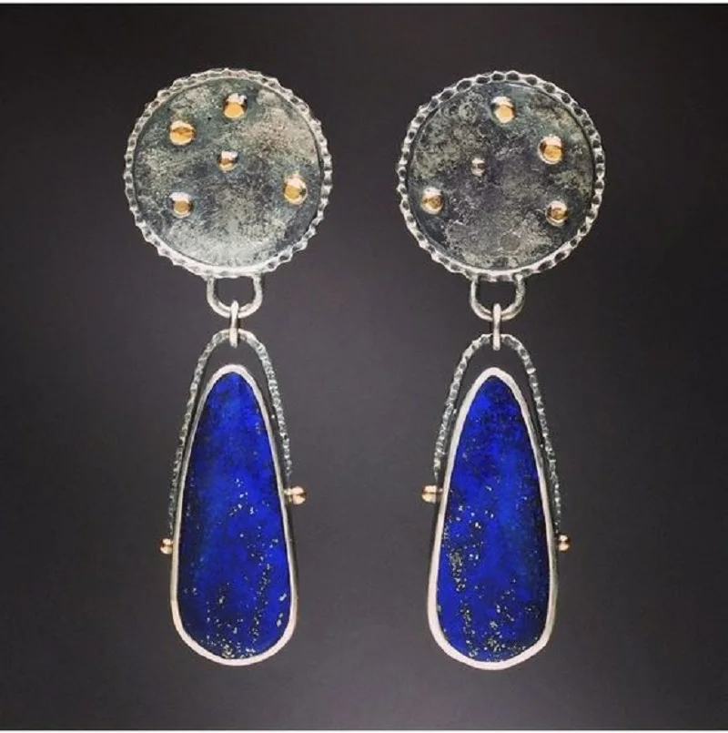 

Women's Earrings Jewelry Summer Vintage Ethinc Handmade Inlay Big Blue Stone Eardrop Long Dangle Earring Pendientes para mujeres