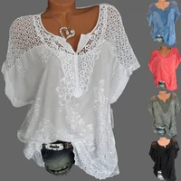 large size loose short sleeve lace shirt women fashion cotton blouses 2022 summer mesh t shirt tops sexy elegent female shirt