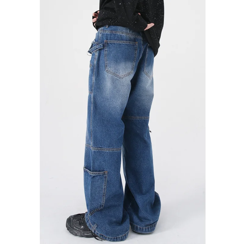 Men Clothing 2022 New Pattern Vintage Recreational Blue Jeans Loose Straight Cylinder Multiple Pockets Cargo Pants Autumn Female