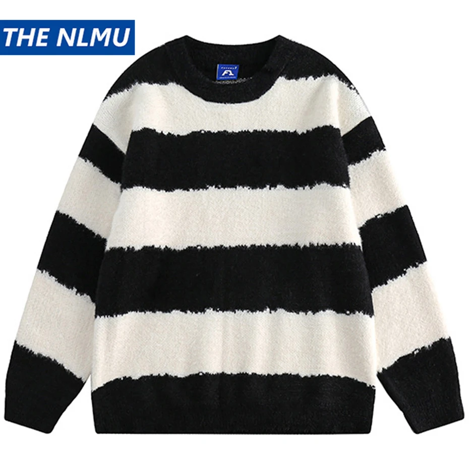 Fluffy Mohair Sweater Men Harajuku Y2K Streetwear Hip Hop Sweaters Striped Knitted Jumpers Oversized Fuzzy Pullover Knitwear