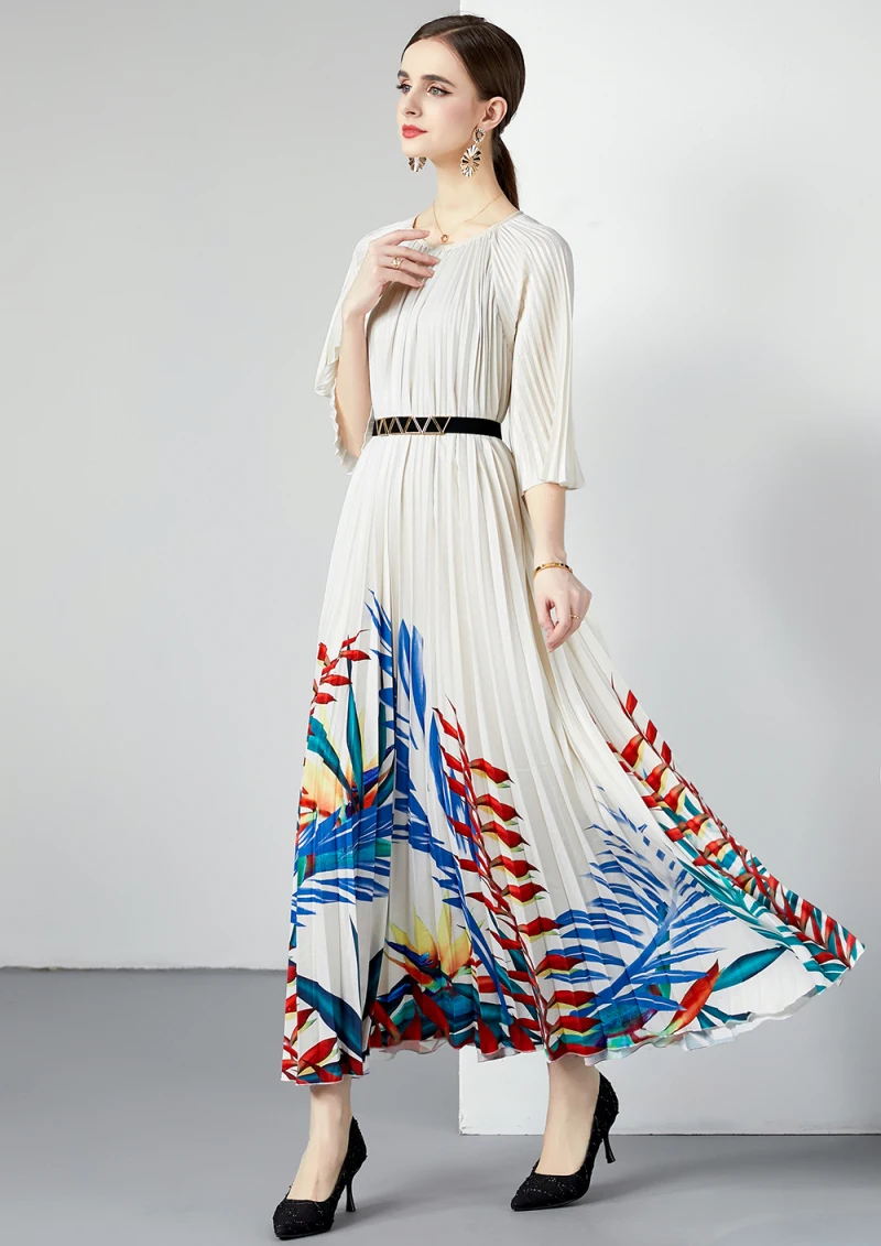 

Fashion Europe and the United States High-quality Summer 2023 Women's Waist Short-sleeved Elegant Long Party Slim Pleated Skirt