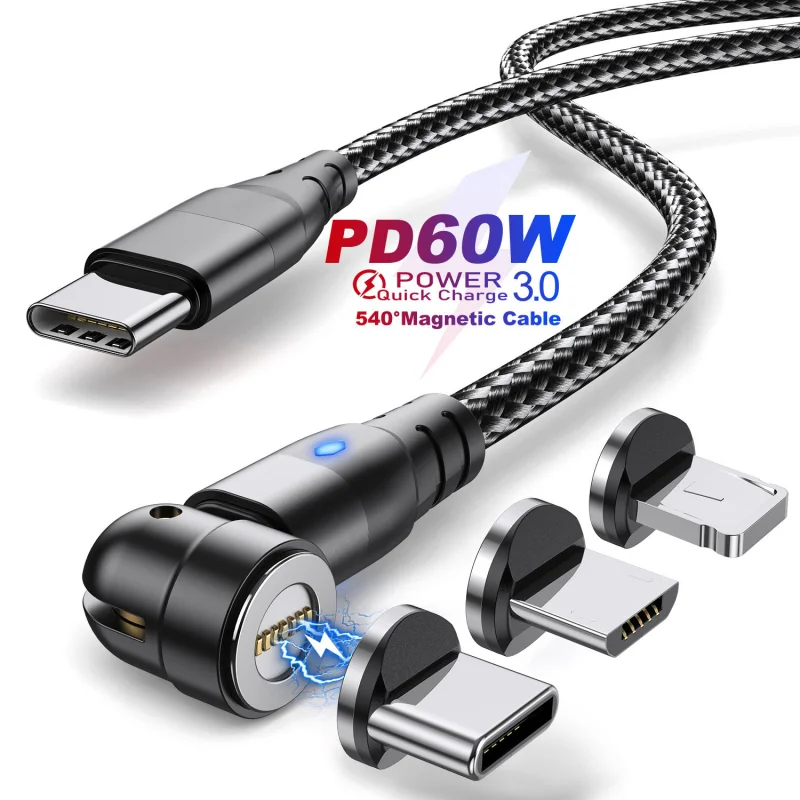 

PD60W A TYPE C Magnetic Cable 540 Degree Rotation 3-in-1 Fast Charging Cable B TYPE C LIGHTNING Micro USB Magnetic Plug LED Lamp