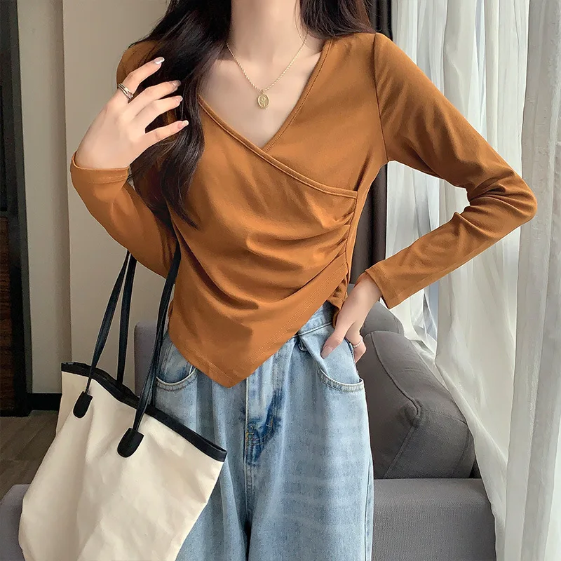 

2022 New Y2k Autumn Solid Color Sexy Mesh See-through T-shirt Ladies Horn Long Sleeve V-neck Clothing Ladies Fashion Slim Top