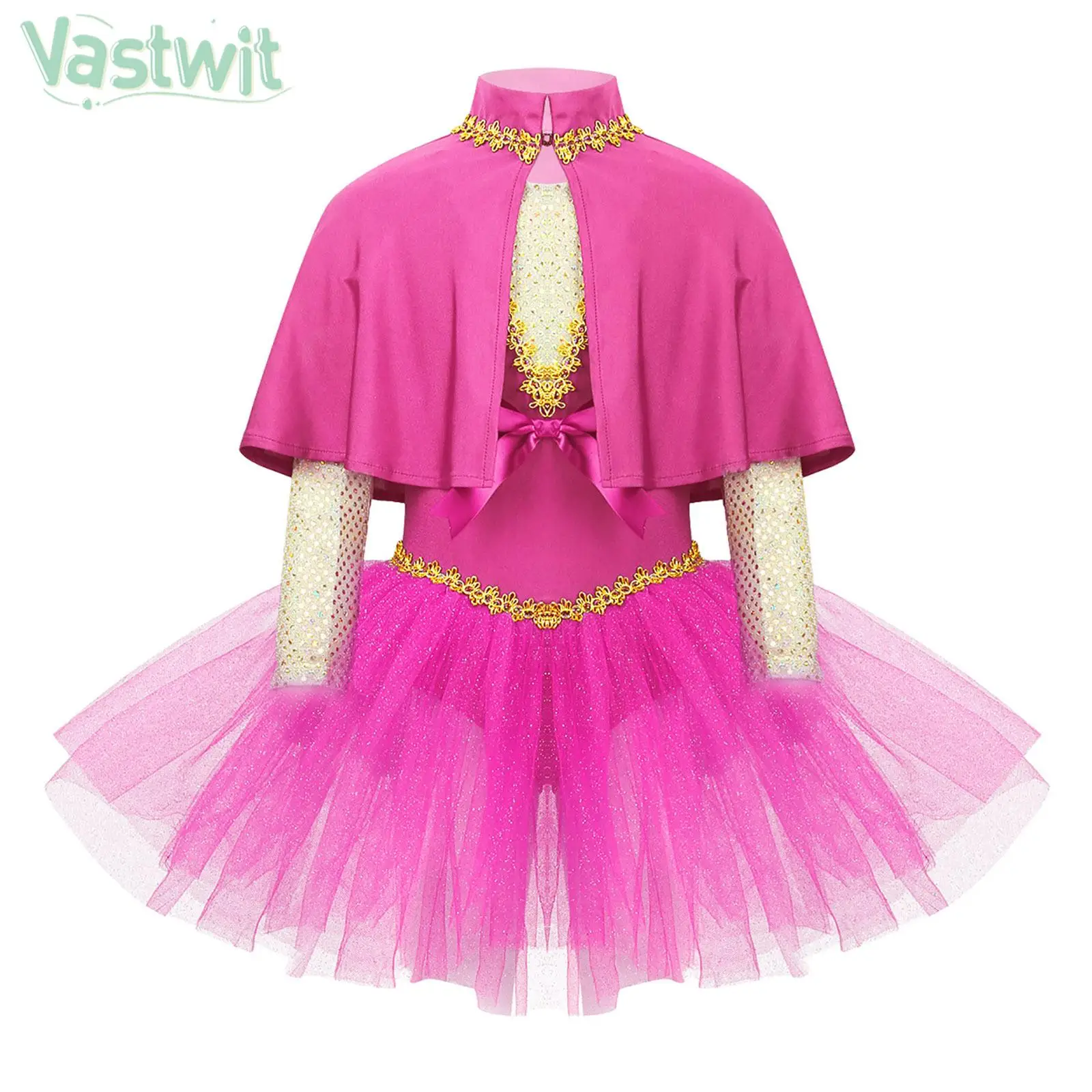 

Girls Halloween Performance Costume Theme Party Carnival Cosplay Outfits Sequin Mesh Leotard Tutu Dress with Cape Arm Sleeves