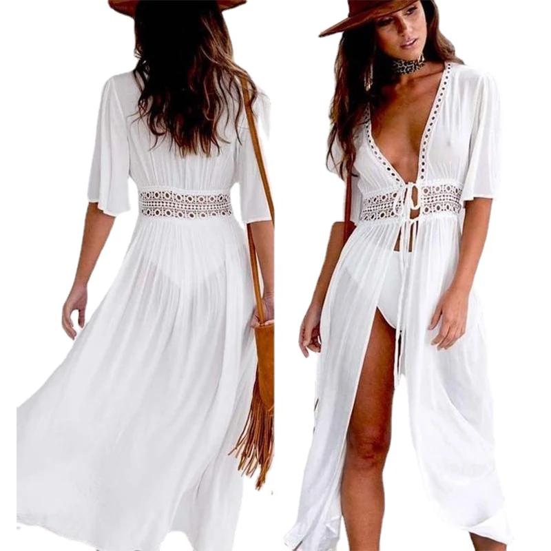 

New Bikini Cover-Ups Sexy Hollow Out White Cotton Tunic Lace-Up Long Cardigan Summer Dress Women Beach Wear Swimsuit Cover Up