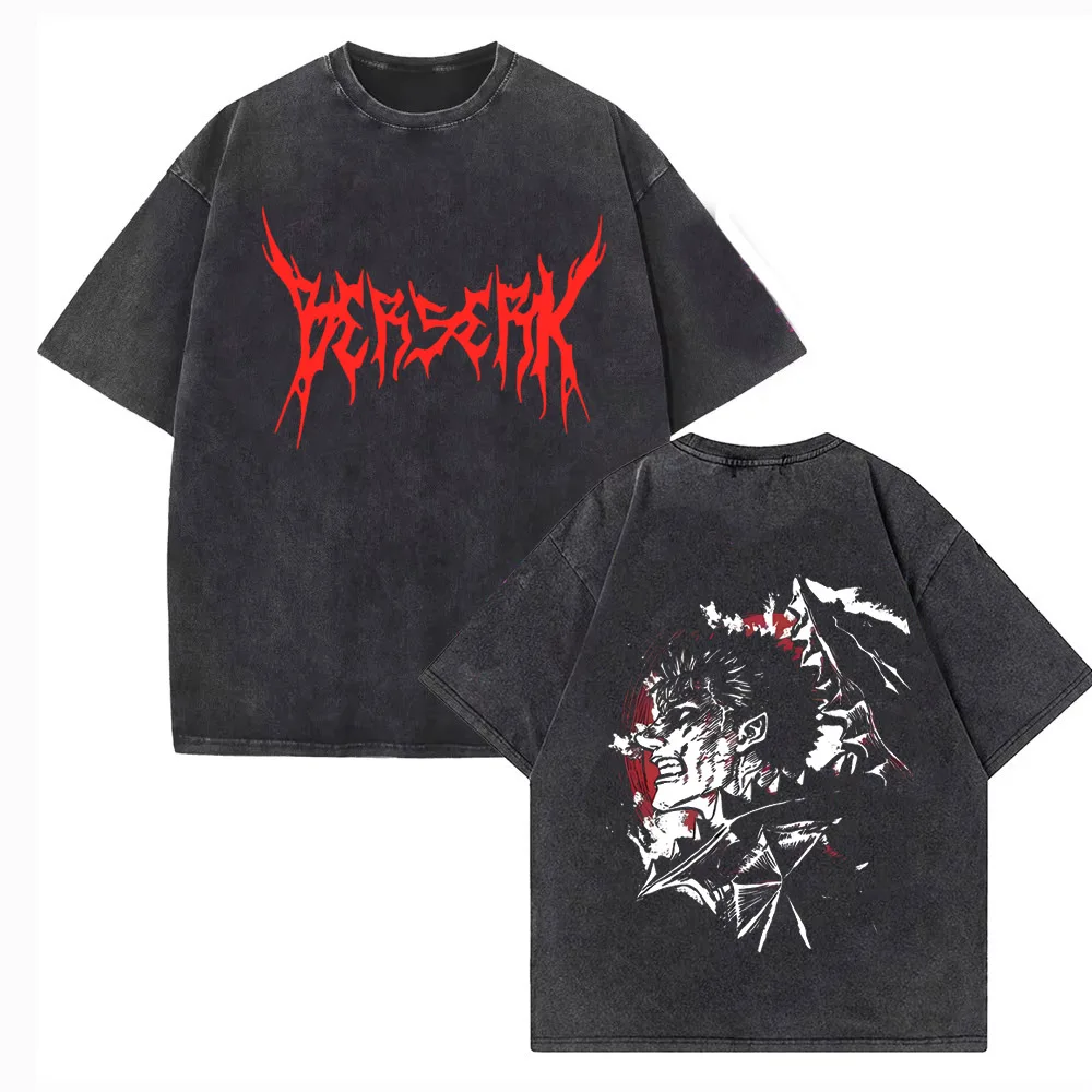 Фото Футболка с изображением аниме Berserk Guts Acid, винтажные потертые футболки с рисунком, мужские хлопковые футболки в стиле Харадзюку, повседневные футболки с короткими рукавами, топы унисекс, мужские №1