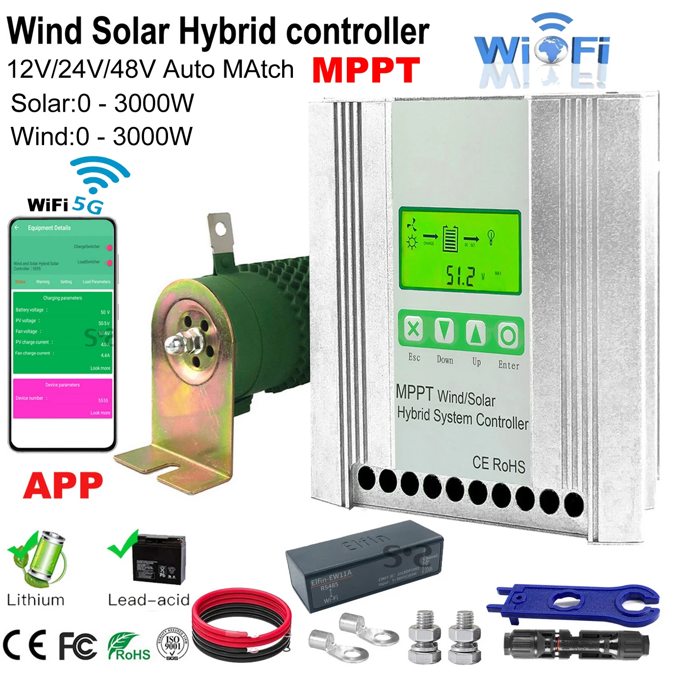 

3000W 5000W MPPT Wind Solar Hybrid Charge Controller 12V 2V4 48V 60A 80A Wifi Monitor For Lifepo4 Lithium Lead Acid Battery