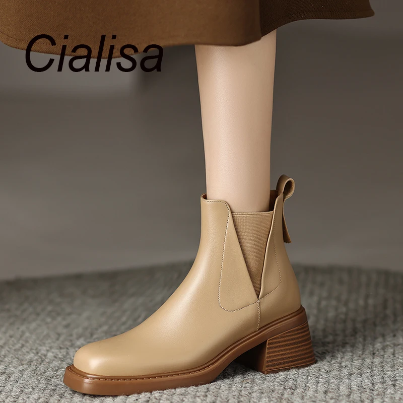 

Женские ботильоны из натуральной кожи Cialisa, эластичные короткие ботинки на высоком каблуке, черного и абрикосового цвета, Осень-зима 2023