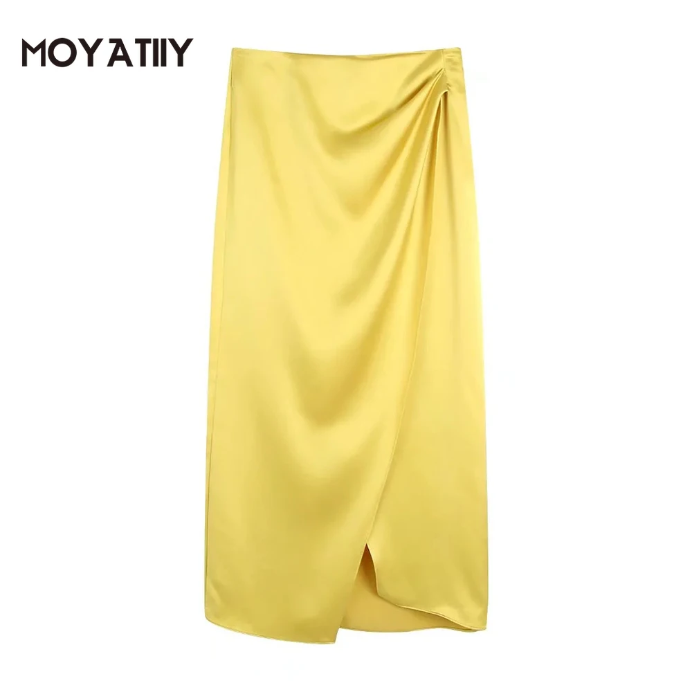 

MOYATIIY Women 2022 Fashion Satin Midi Skirt Hawaii High Waist Yellow Skirts Side Zipper Female Bottom