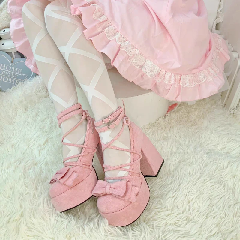 Platform Chunky Heel Lolita Mary Jane High Heels Women Brand Design Cross Tied Pink Bow Female Sweet Cosplay Pumps Party Prom