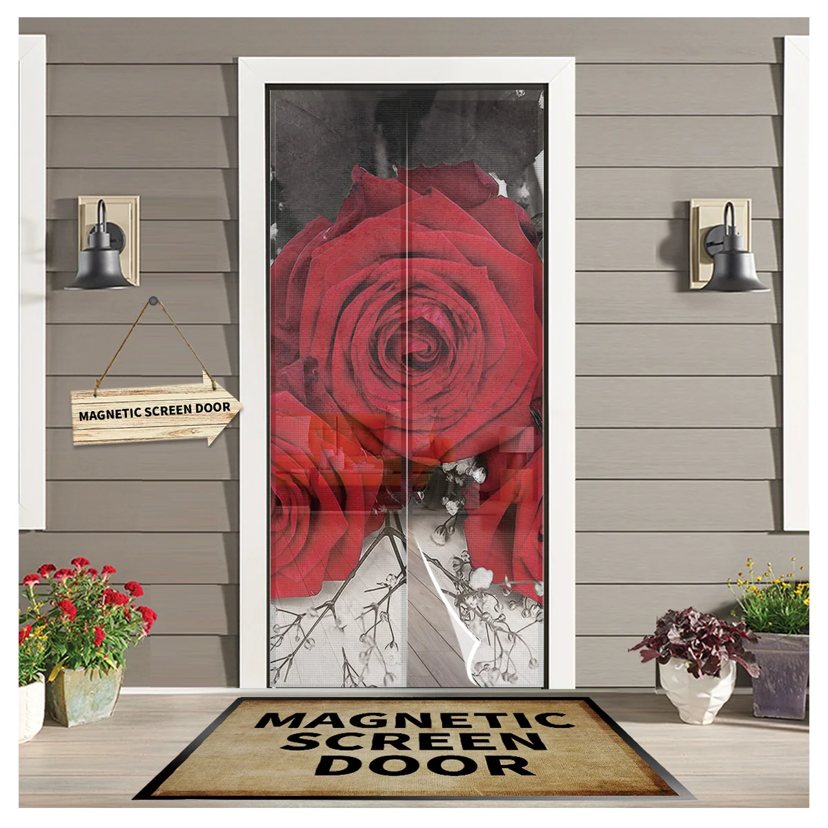 

Red Rose Flower Door Curtain Indoor Insect Mosquito Window Screen Curtain Magnetic Door Mesh for Kitchen Window