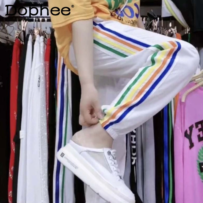 Fashion Rainbow White Casual Sweatpants Female 2022 Spring Summer New Loose High Waist Hoodie Pants Ankle-Banded Sport Trousers