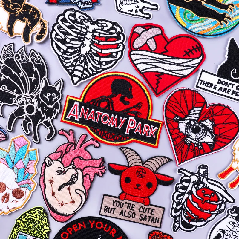 

Anatomy Park Embroidery Patch Punk Heart Patches On Clothes Iron On Patches For Clothing DIY Skull Badges Animal Cat Stickers