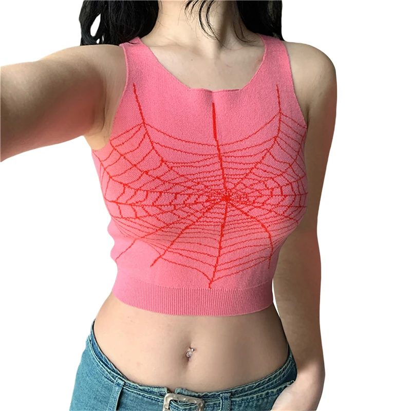

Женский жилет с круглым вырезом Goth, футболка без рукавов с графическим рисунком паутины, майка в стиле панк и готика, летняя одежда, 2000