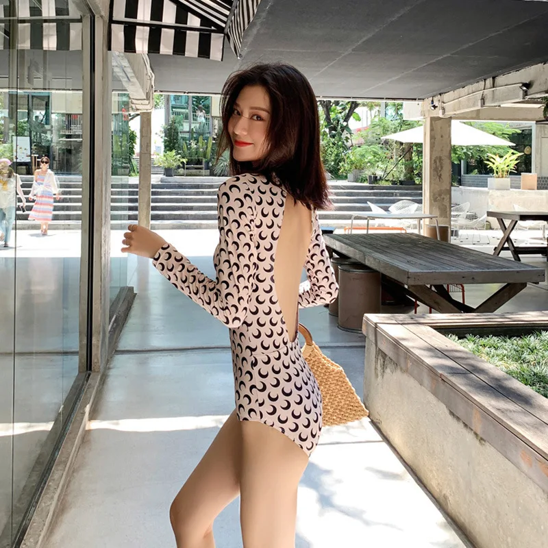 

2023 Print Plus Size Swimsuit High Waist One Piece Bikini O-neck Long Sleeve Swimwear Women Backless Sexy Bathing Suit Seaside