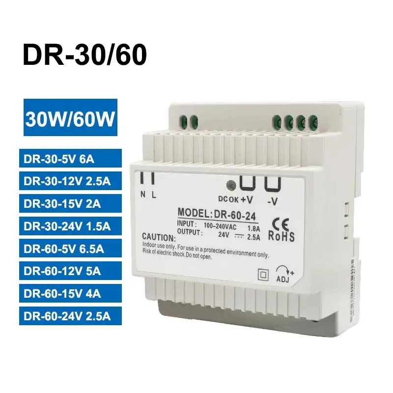 

30W/60W 5V 12V 15V 24V Output Voltage DR-30/60 Series Din Rail Type Small Volume Switching Power Supply Transformer