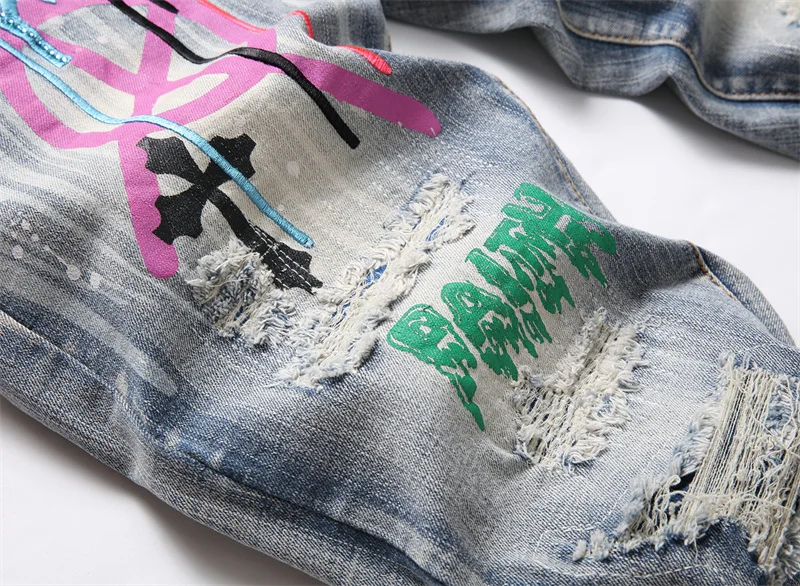 Men's Colorful Graffiti Printed Jeans Y2K Colorful Slim Fit Tapered Elastic Casual Pants Fashion Street Clothing Small Foot Pant