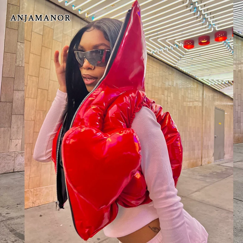 

ANJAMANOR PU Leahter Red Puffer Jacket Zip Up Cropped Vest Autumn Winter Clothes Women 2023 Bubble Coat Streetwear D82-HH92