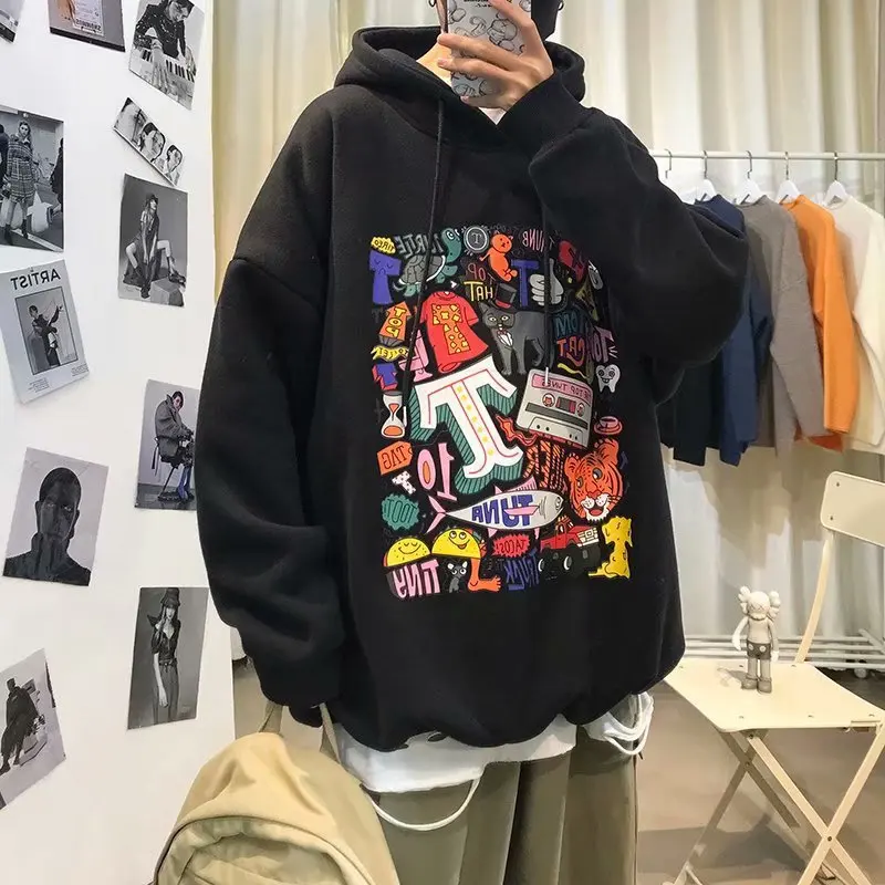 

Harajuku Man Loose Hoodies Sweatshirts Cartoon Print Plush Thickened Pullovers 2023 Ins BF CEC Trend Korean Casual Men Clothing