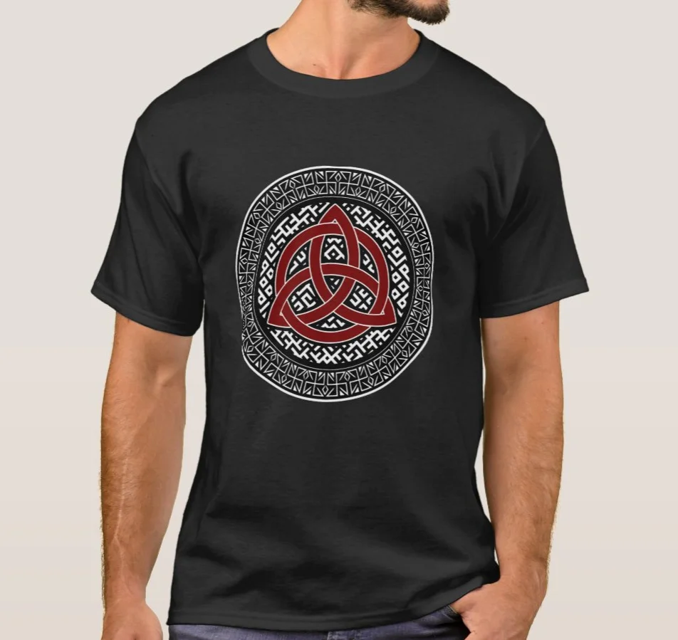 

Triglav Slavic Mythology Pagan God Triple Deity Traditional Slavic Pattern T-Shirt. Cotton Short Sleeve O-Neck Mens T Shirt New