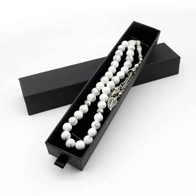 

White Turquoise 66Tasbih natural Bisoushan Stone Rosary Silver Tabis 51Tasbeeh Muslim Fashion Jewelry Rosary Gift Box